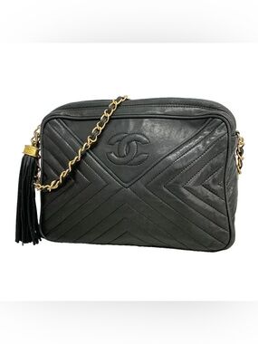 Authentic CHANEL quilted tassel medium camera leather crossbody bag